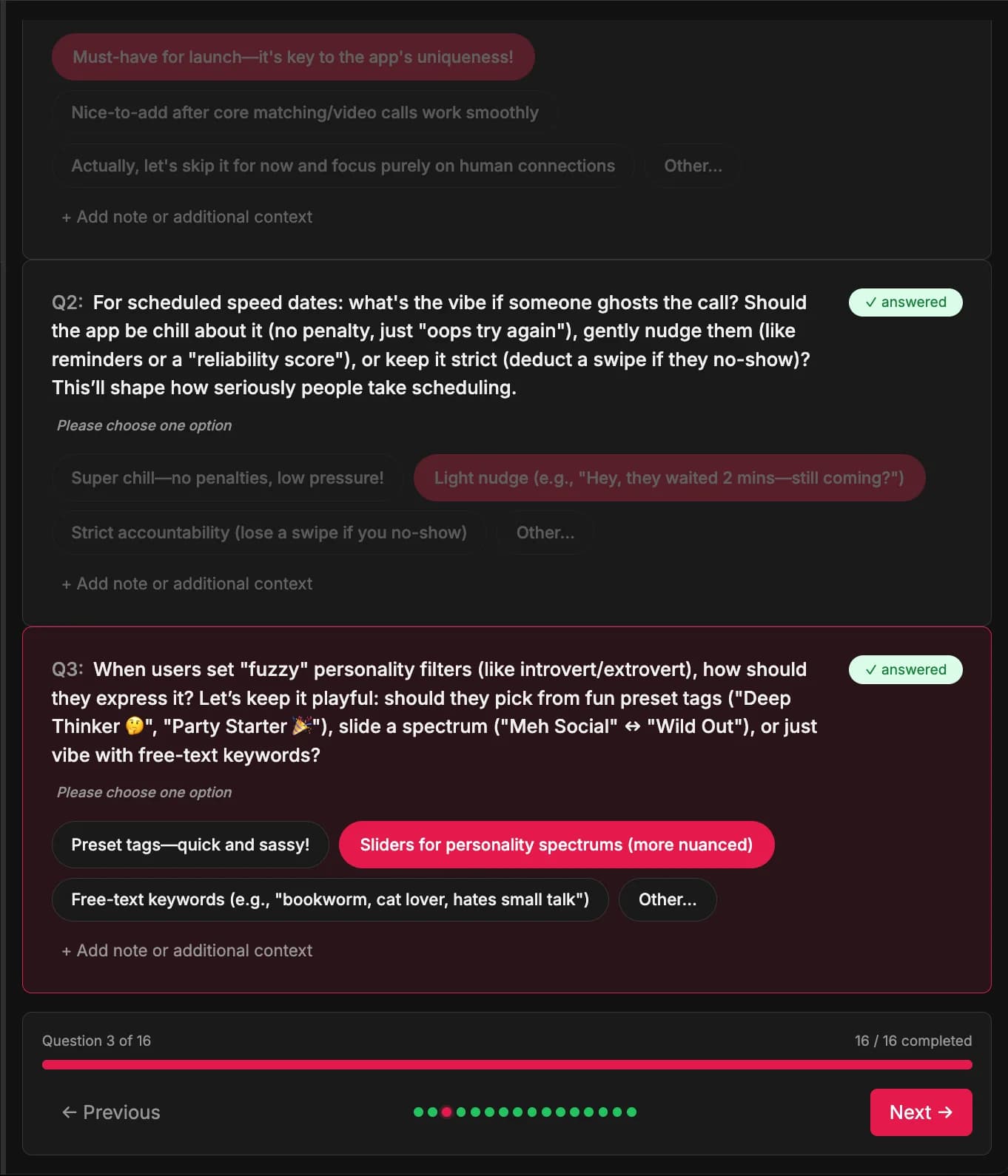 Questionnaire showing multiple choice questions