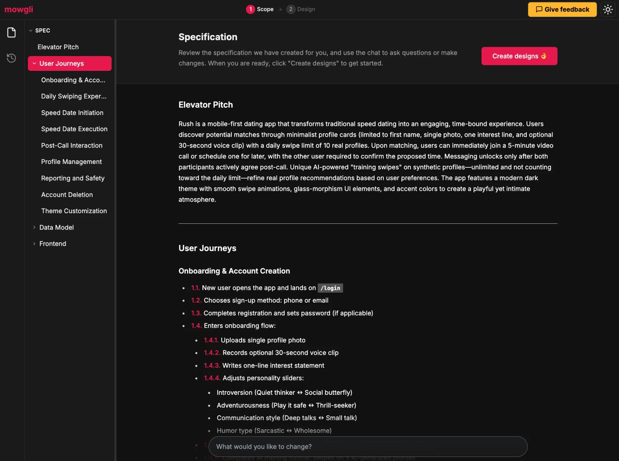 Spec view showing application structure