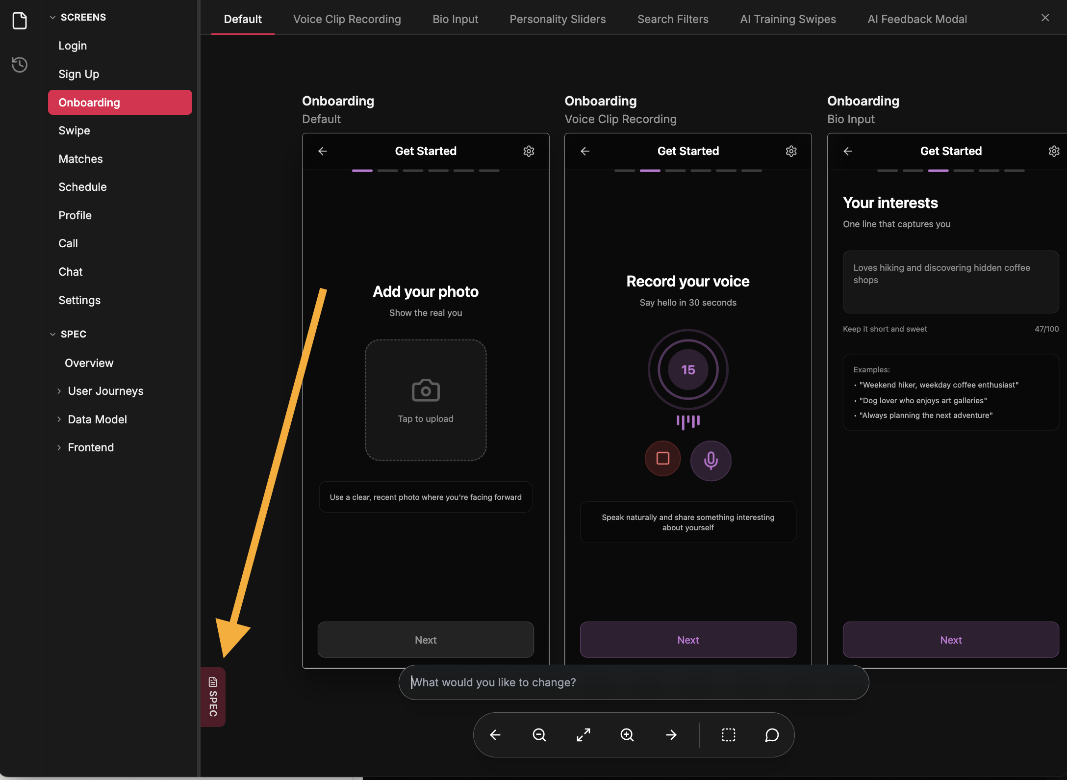 Spec panel with multiple states