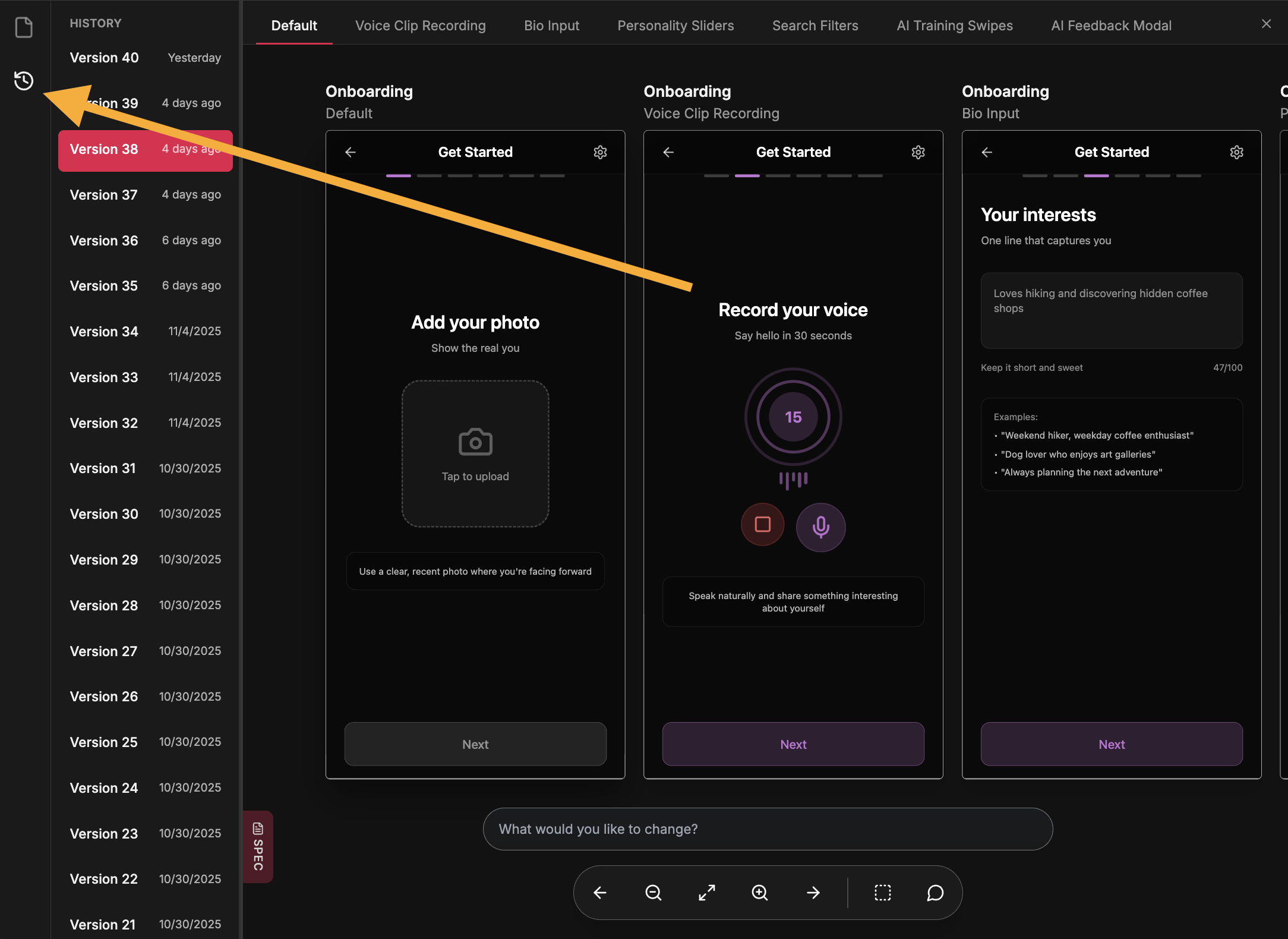 History sidebar showing versions
