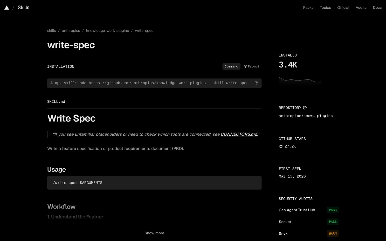 skills.sh page for Anthropic's write-spec skill showing the npx skills add install command and the start of its SKILL.md