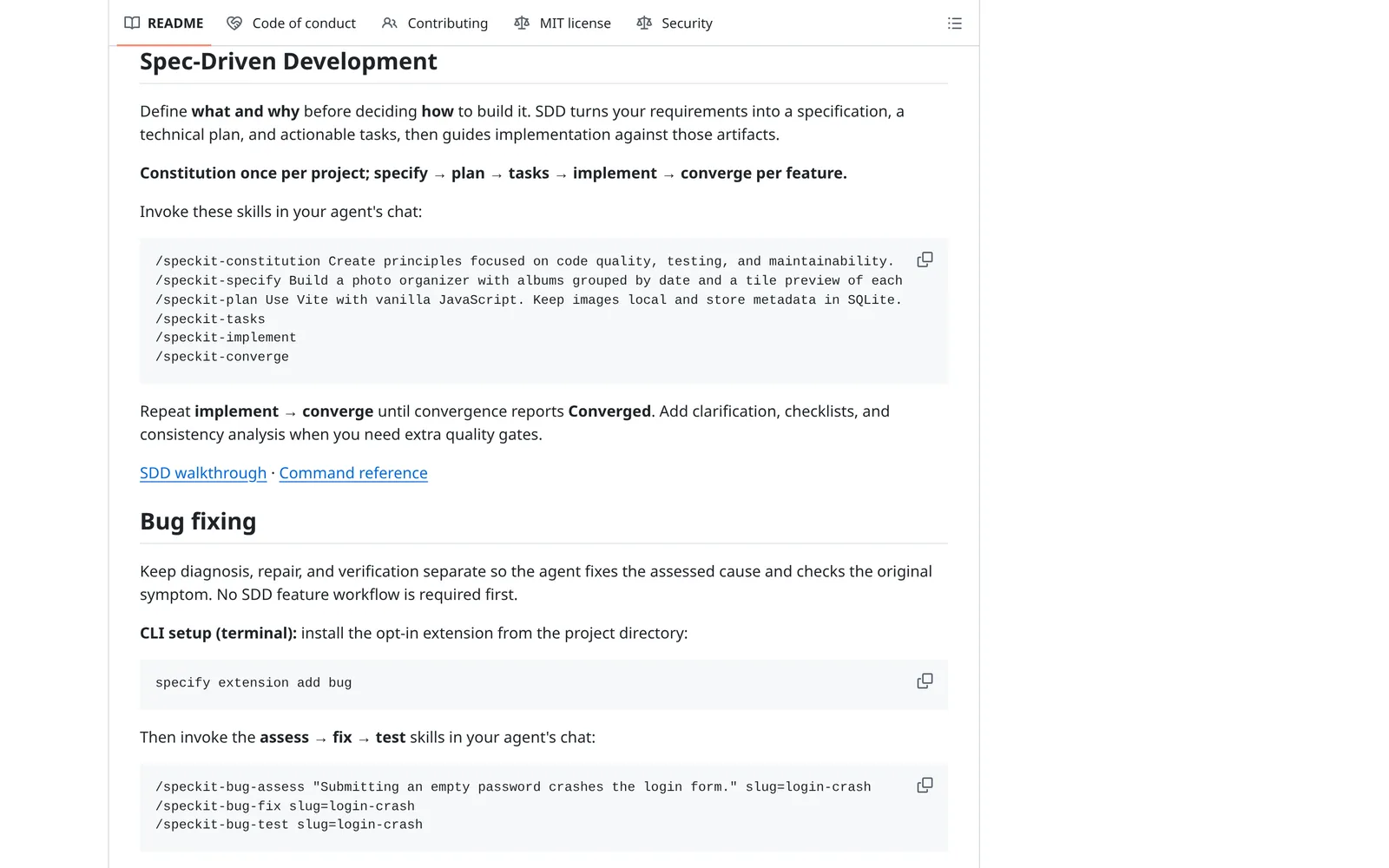 GitHub Spec Kit README section Spec-Driven Development listing the /speckit-constitution, /speckit-specify, /speckit-plan, /speckit-tasks, /speckit-implement and /speckit-converge skills