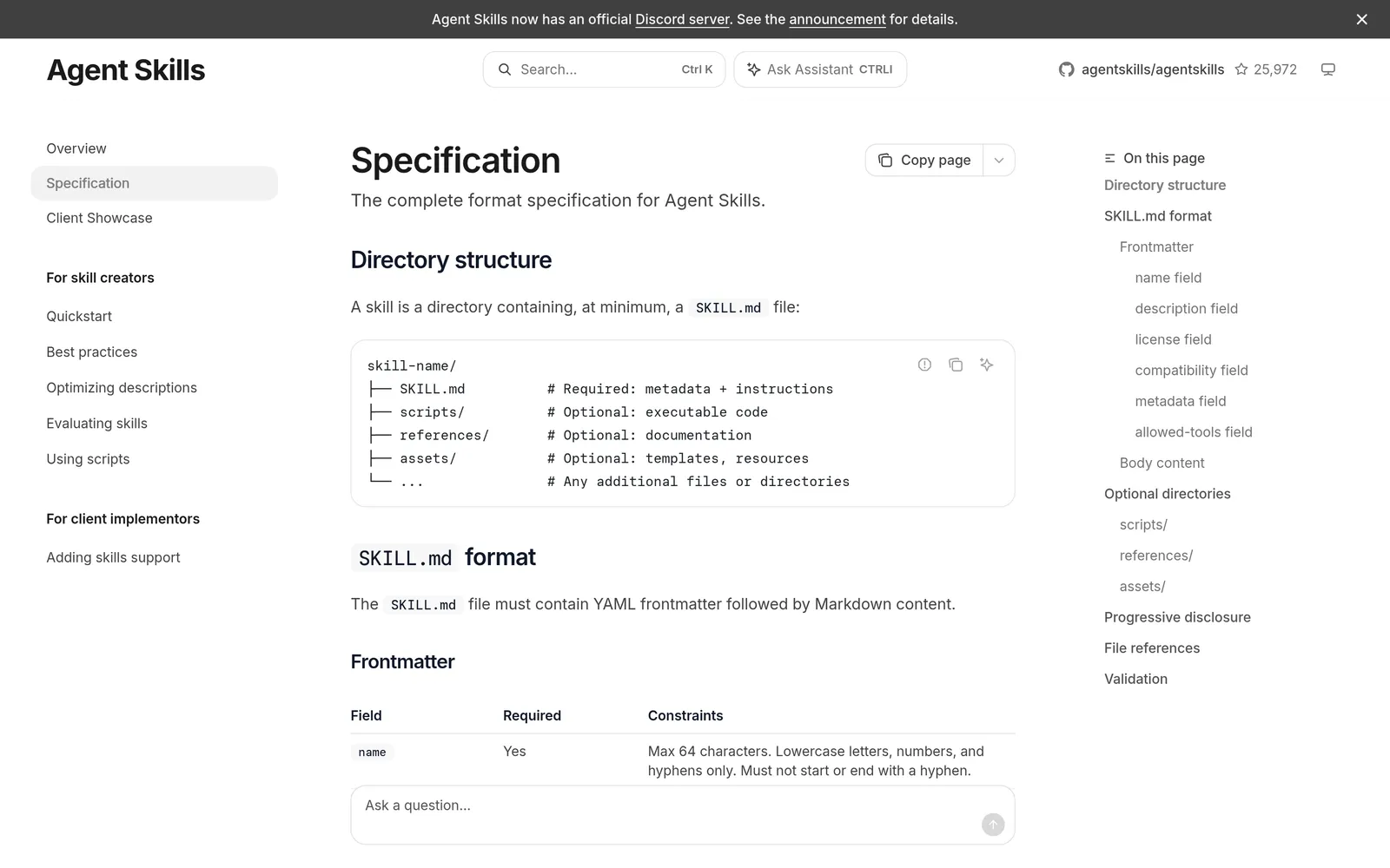 agentskills.io Specification page with the heading Specification, the line The complete format specification for Agent Skills, and the Directory structure section showing a skill-name folder with SKILL.md, scripts, references and assets