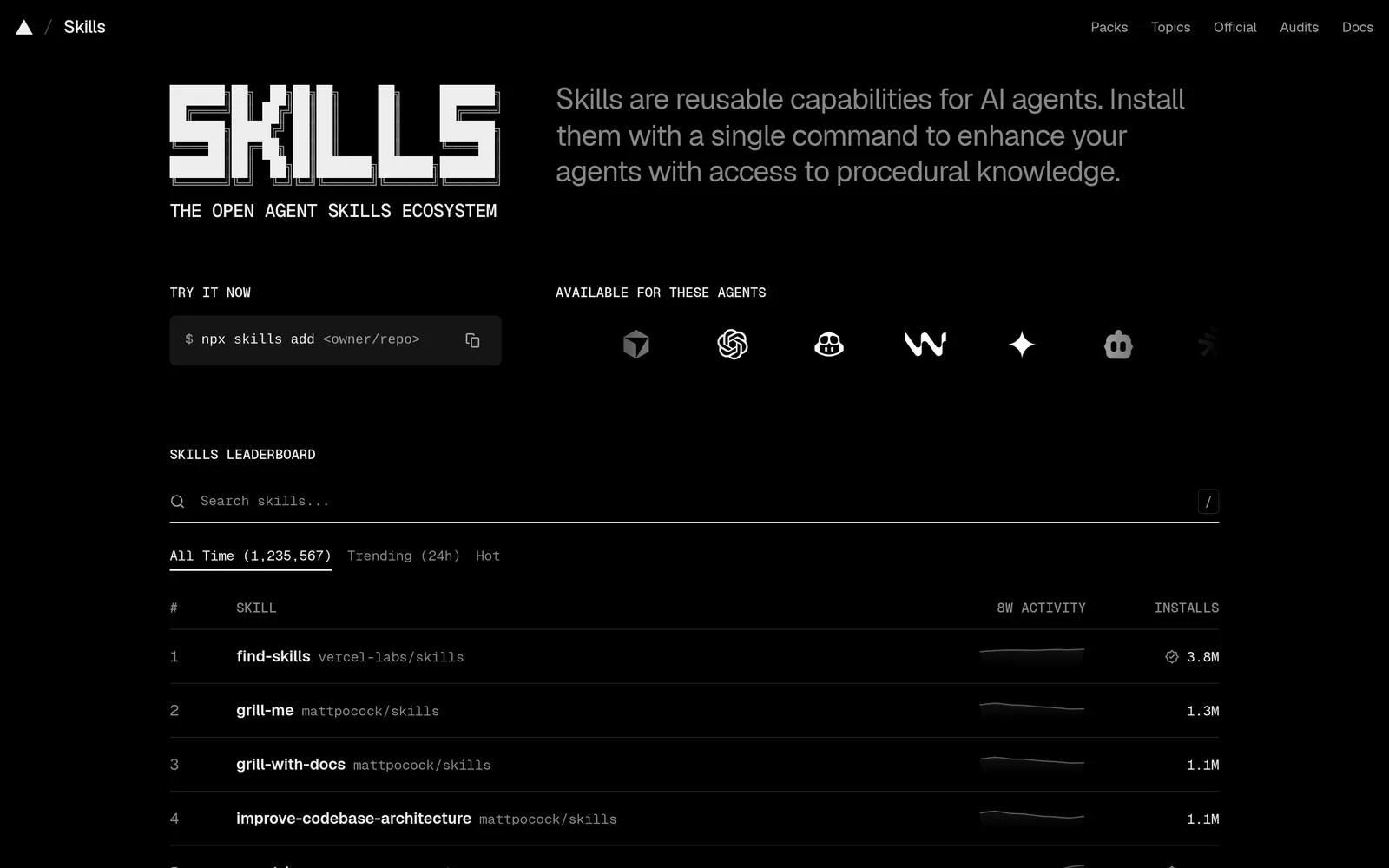skills.sh homepage with the SKILLS wordmark, the tagline The Open Agent Skills Ecosystem and the install command npx skills add owner/repo