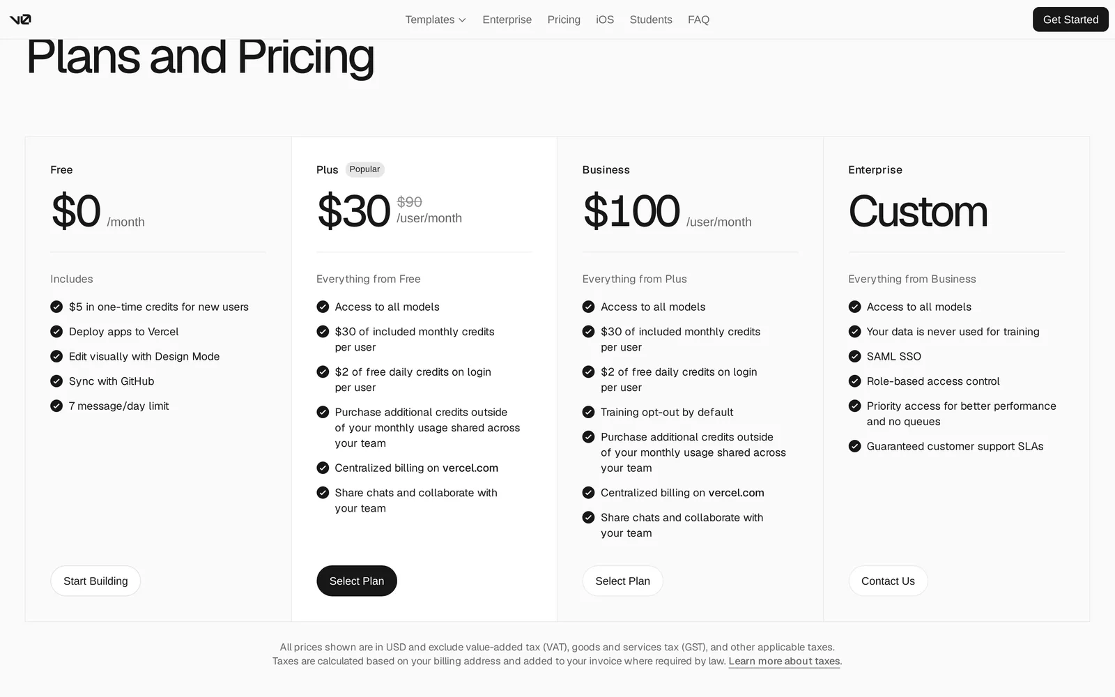 v0 Plans and Pricing page: Free 0 dollars with 5 dollars of one-time credits for new users and a 7 message per day limit, Plus 30 dollars per user per month with 30 dollars of monthly credits, Business 100 dollars per user per month, Enterprise custom