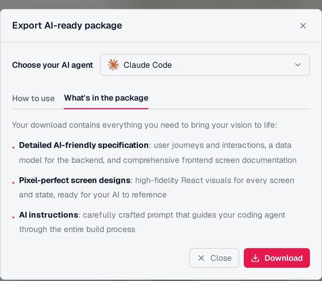 Mowgli Export AI-ready package dialog listing spec, React screen designs and AI instructions