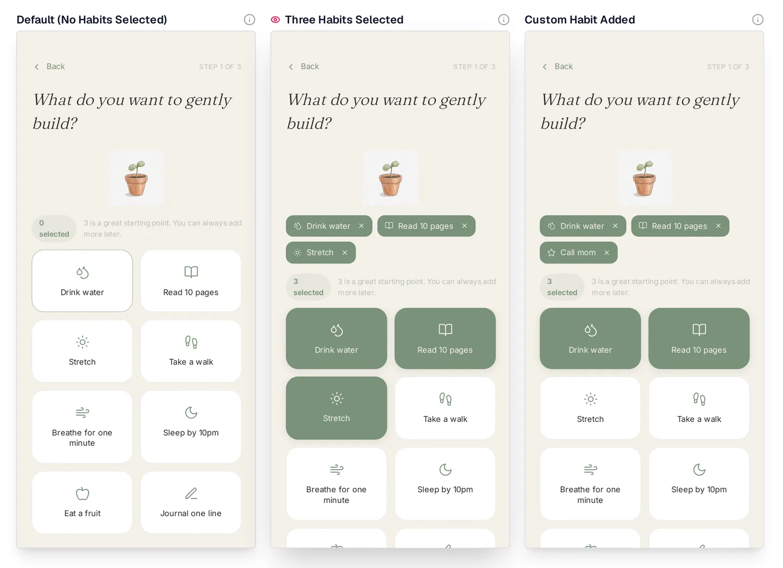 Mowgli canvas with a habit tracker onboarding screen in three states side by side