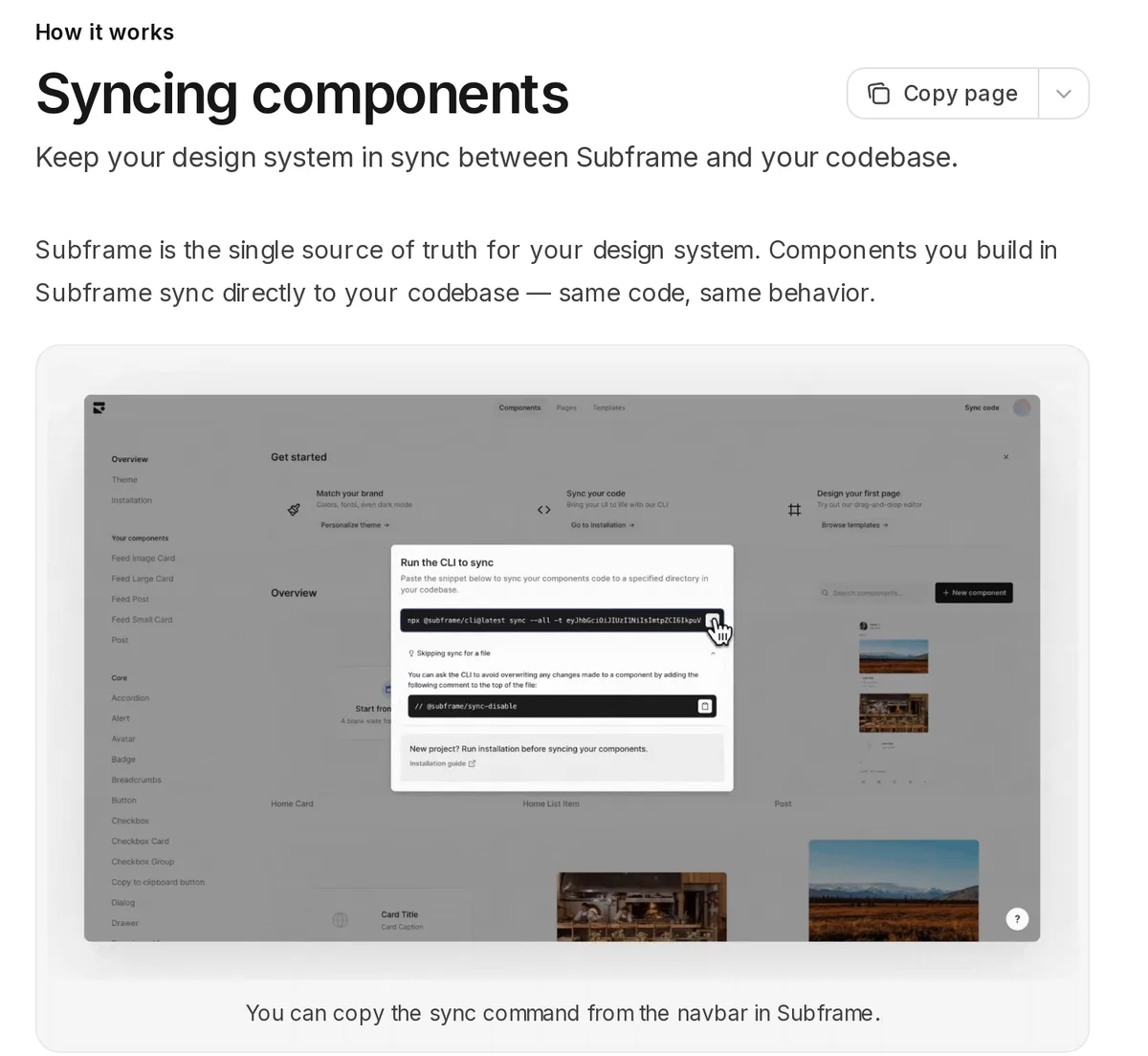 Subframe docs page Syncing components with the CLI sync command dialog