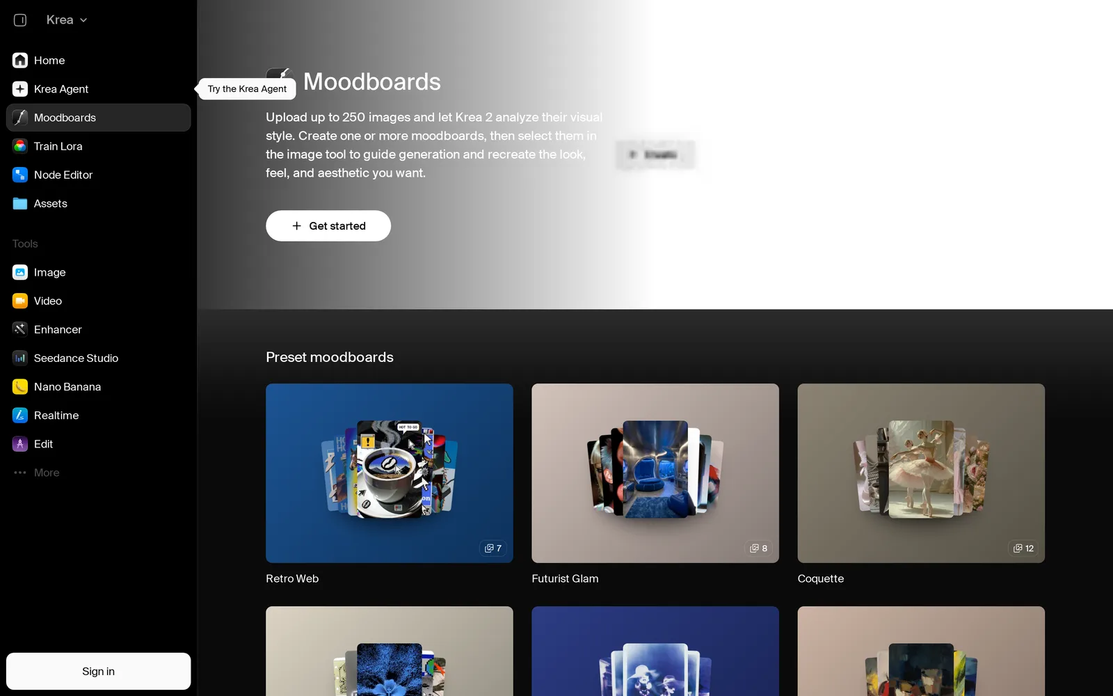 Krea Moodboards page explaining that you can upload up to 250 images for Krea 2 to analyze their visual style, with preset moodboards Retro Web, Futurist Glam and Coquette below