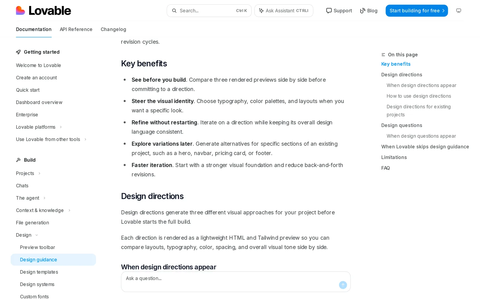 Lovable documentation page Design guidance listing key benefits such as see before you build and steer the visual identity, and explaining that design directions are rendered as lightweight HTML and Tailwind previews