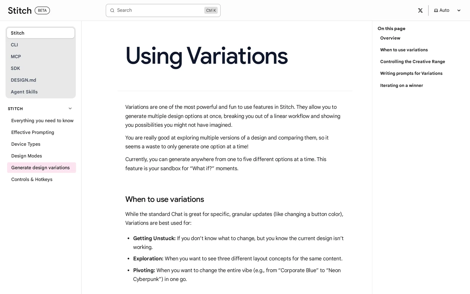 Google Stitch documentation page Using Variations explaining that you can generate one to five design options at a time and when to use variations