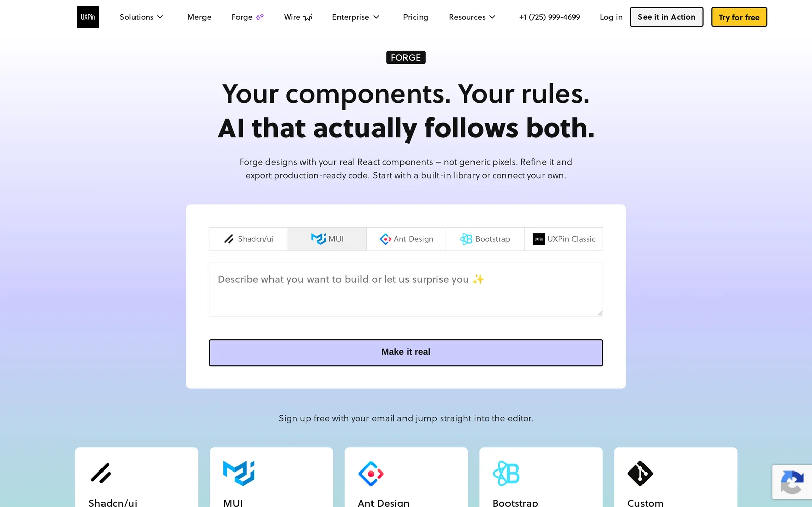 UXPin Forge page with a prompt box and library tabs for shadcn/ui, MUI, Ant Design, Bootstrap and UXPin Classic