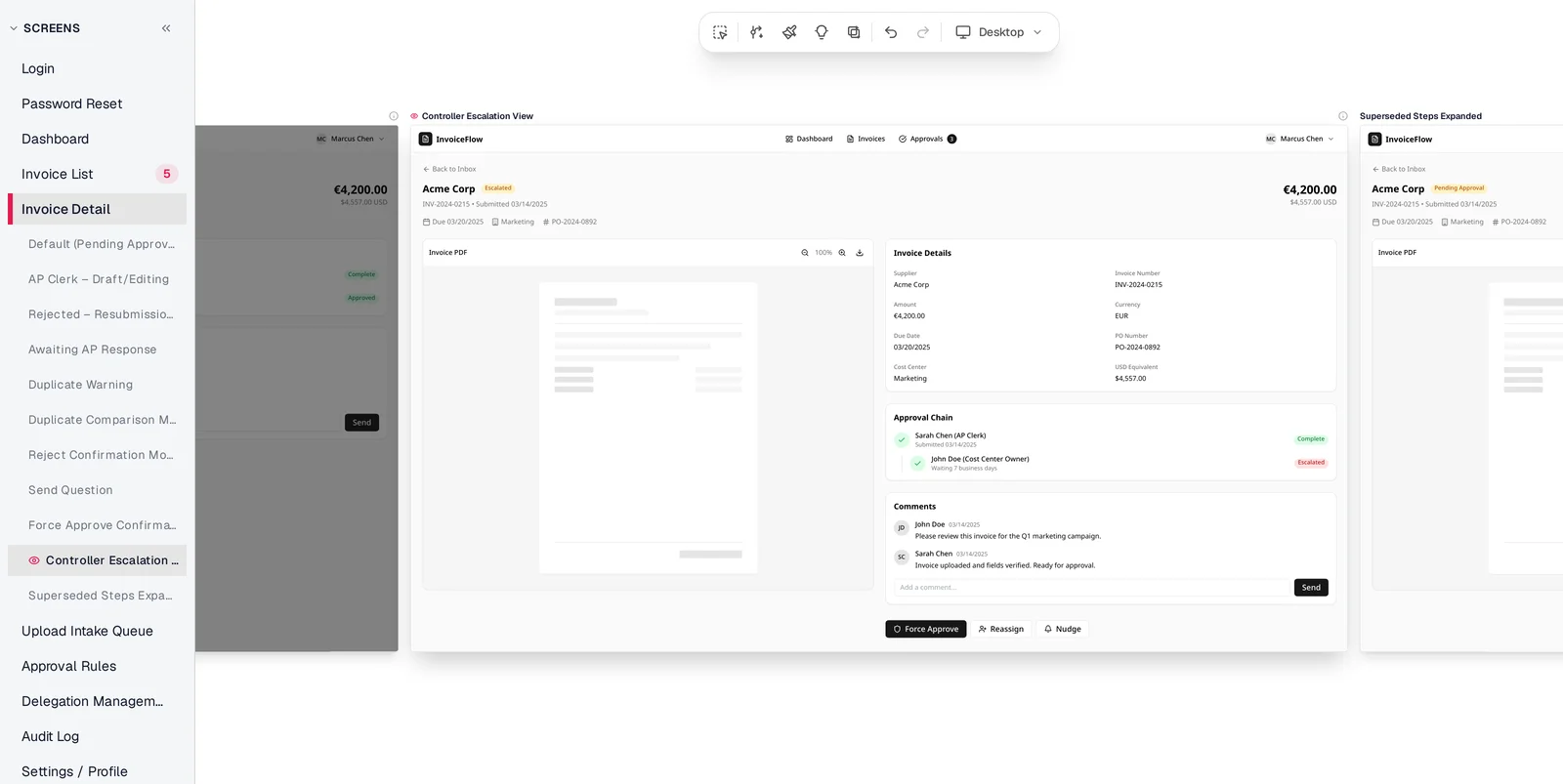 Mowgli canvas from the PRD demo: the screens sidebar lists Invoice Detail with 11 states, and the Controller Escalation View state shows an Escalated badge, an approval chain waiting 7 business days, and Force Approve, Reassign and Nudge buttons