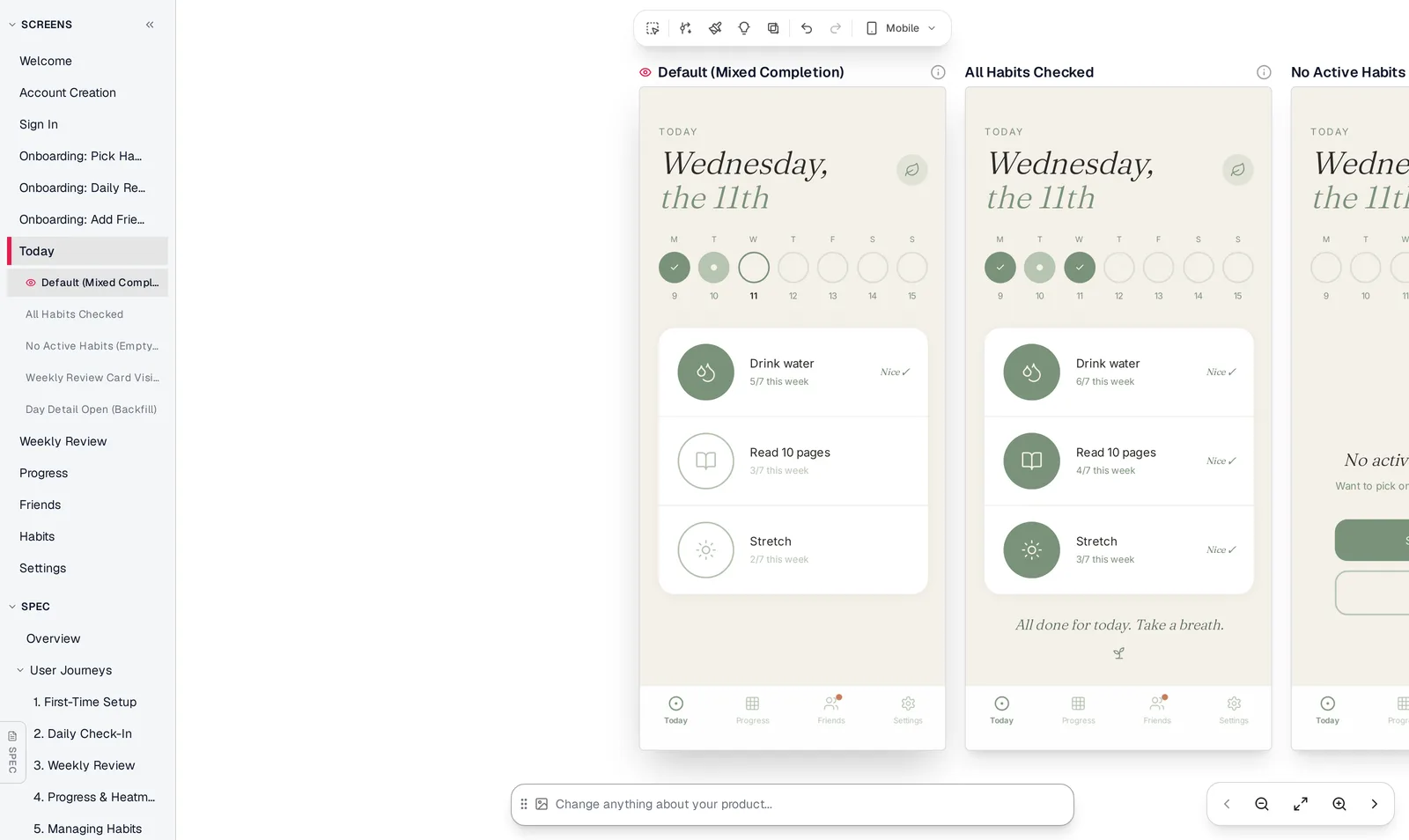 Mowgli editor with a sidebar listing every screen of the habit tracker, from Welcome to Settings, and the Today screen shown in several states on the canvas