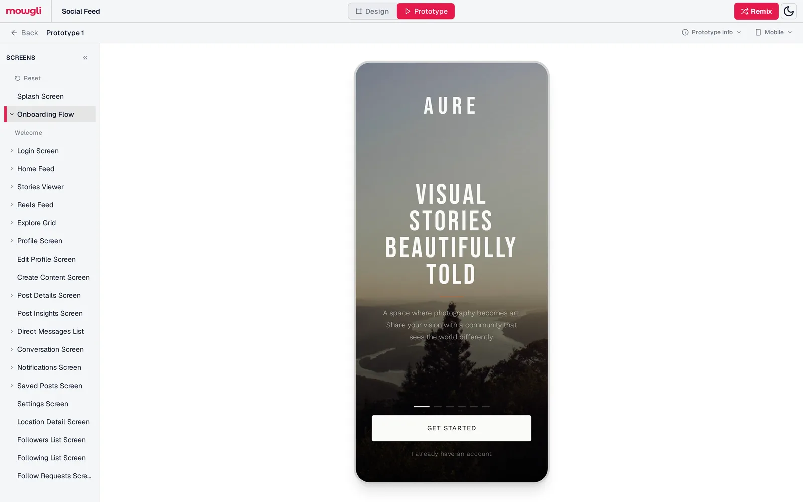 Mowgli prototype mode running a social photo app in a phone frame, with a splash screen reading Visual stories beautifully told and a list of screens on the left