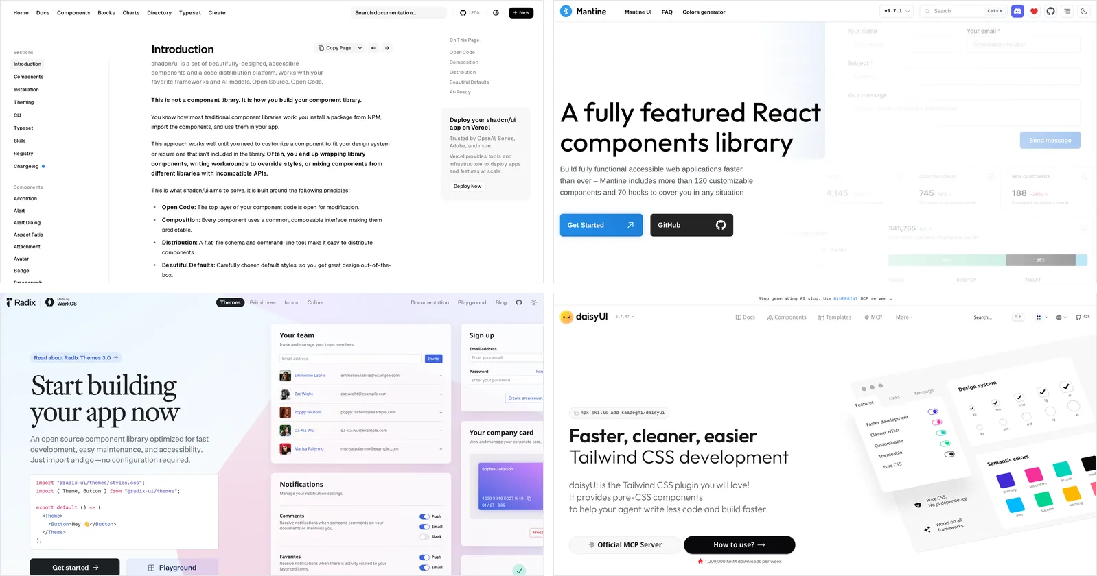 Docs pages of shadcn/ui, Mantine, Radix Themes and daisyUI side by side