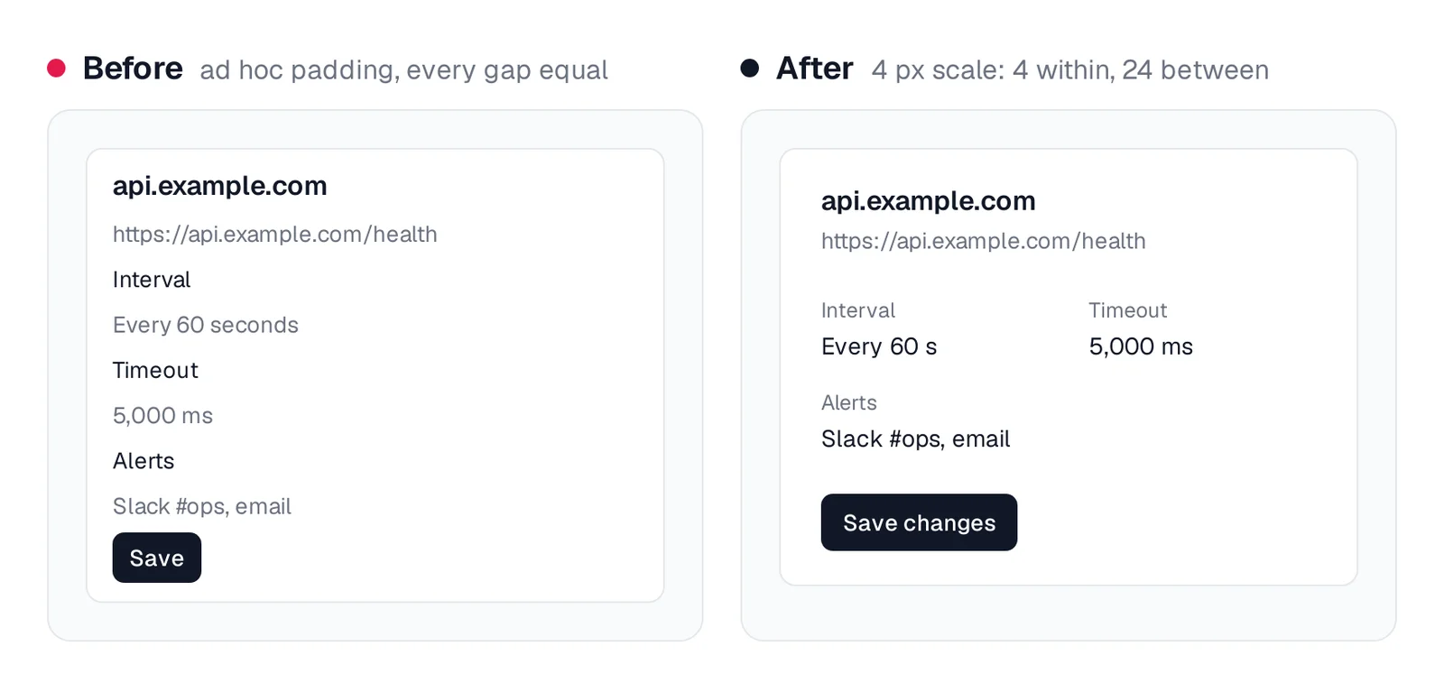 Monitor settings with even spacing before, and grouped with 4 px and 24 px gaps after