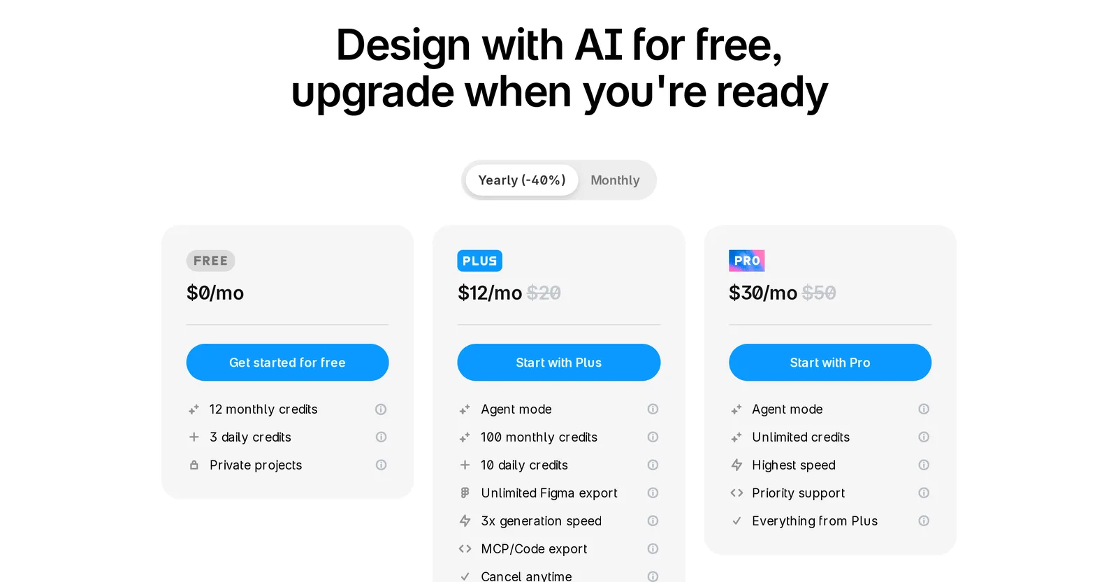Banani pricing page showing Free at 0 dollars with 12 monthly and 3 daily credits, Plus at 12 dollars a month yearly with 100 monthly credits and Figma export, and Pro at 30 dollars a month yearly with unlimited credits