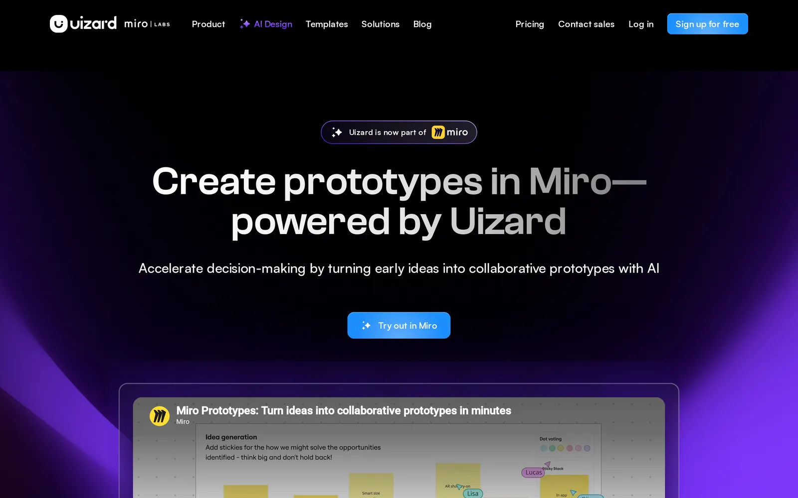 Uizard homepage with a Uizard is now part of Miro badge and the headline Create prototypes in Miro, powered by Uizard, with a Try out in Miro button