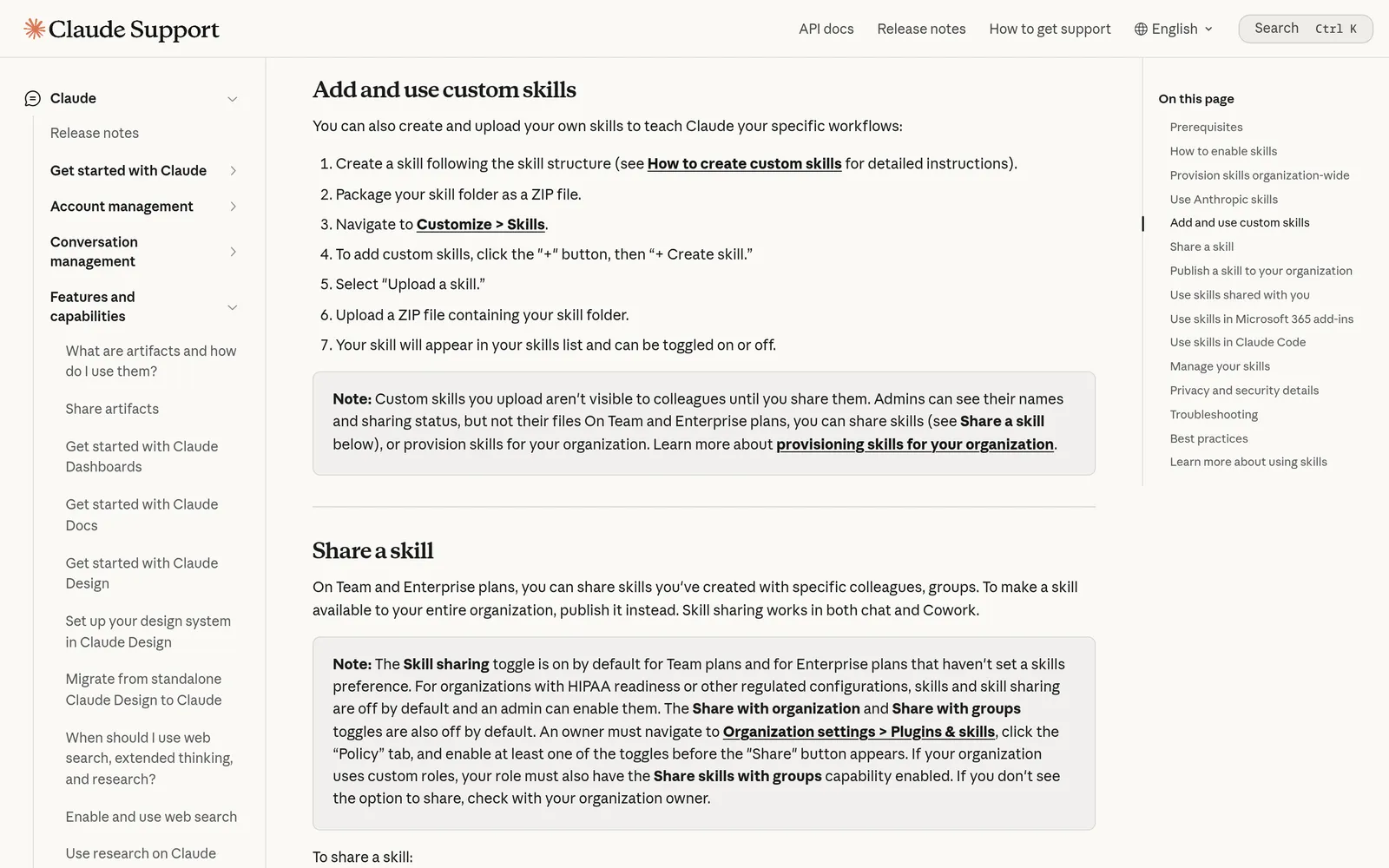 Claude Help Center section Add and use custom skills listing the steps to package a skill folder as a ZIP and upload it from Customize then Skills
