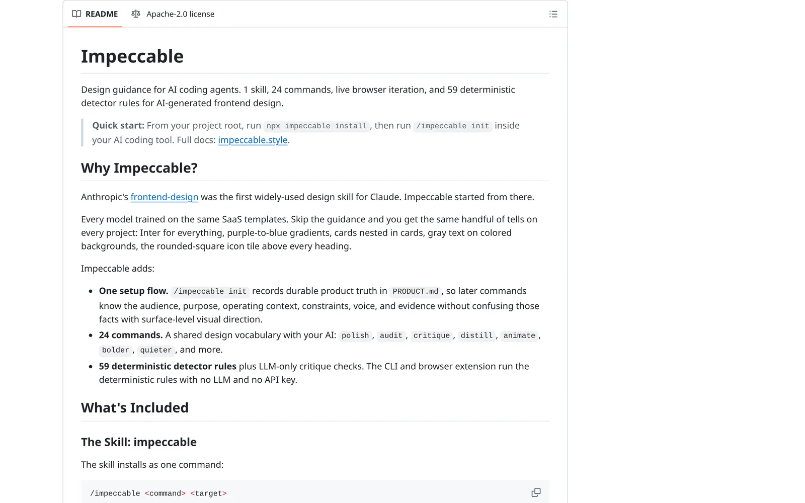 GitHub README for pbakaus/impeccable with the Impeccable heading and the summary line about 1 skill, 24 commands and 59 detector rules