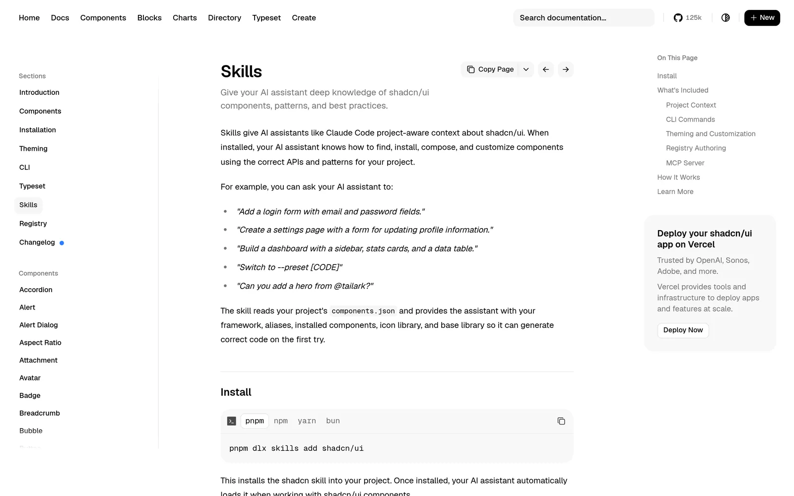 shadcn/ui documentation page titled Skills with the install command for the shadcn skill