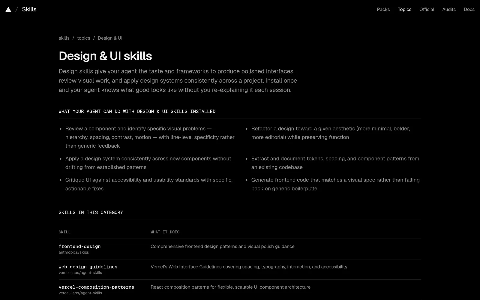 skills.sh Design and UI skills topic page with its intro text and the start of the skill list including frontend-design and web-design-guidelines