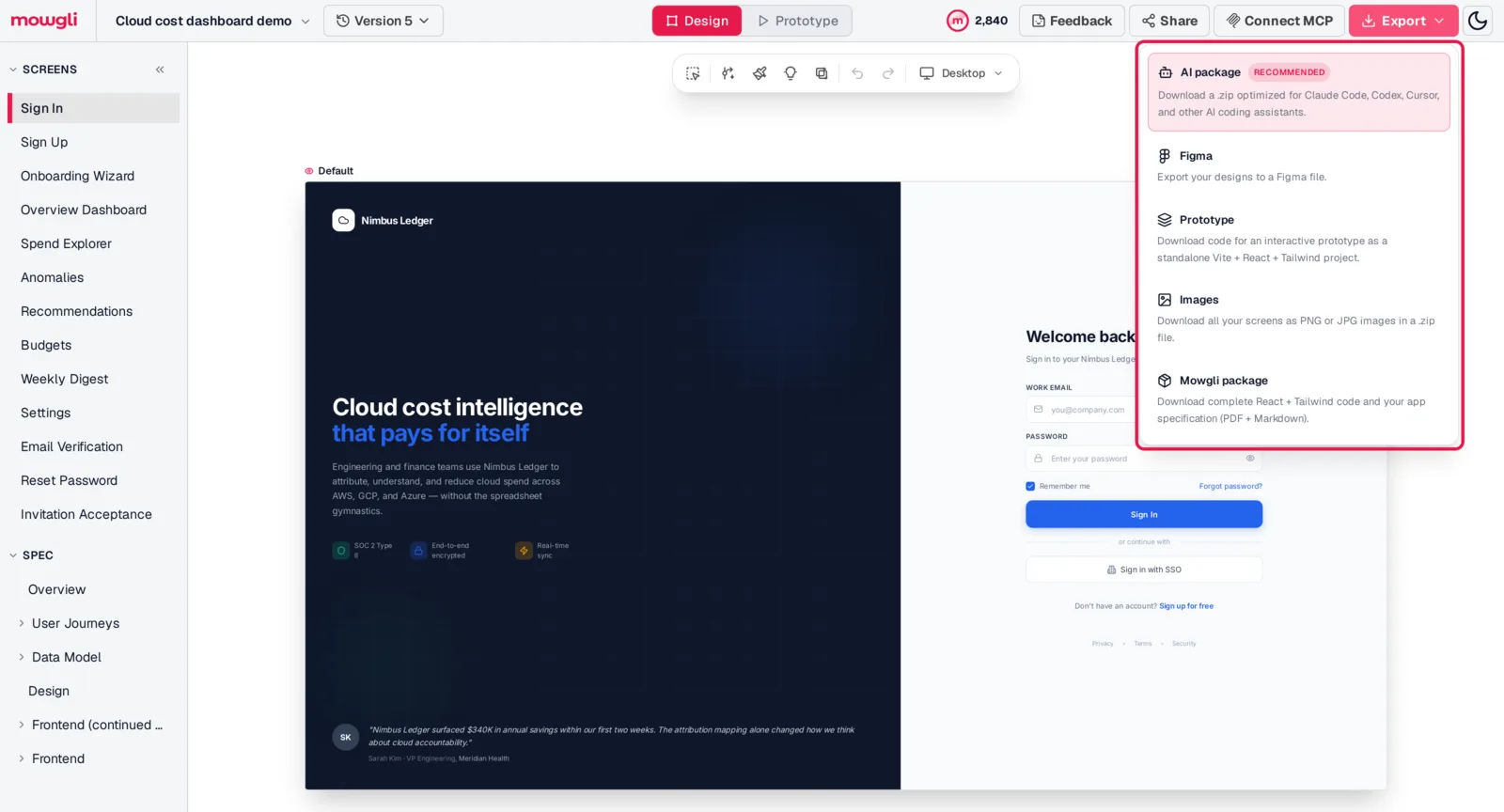 Mowgli export menu with five options: an AI package for coding agents, a Figma file, a React and Tailwind prototype, images, and the code plus spec