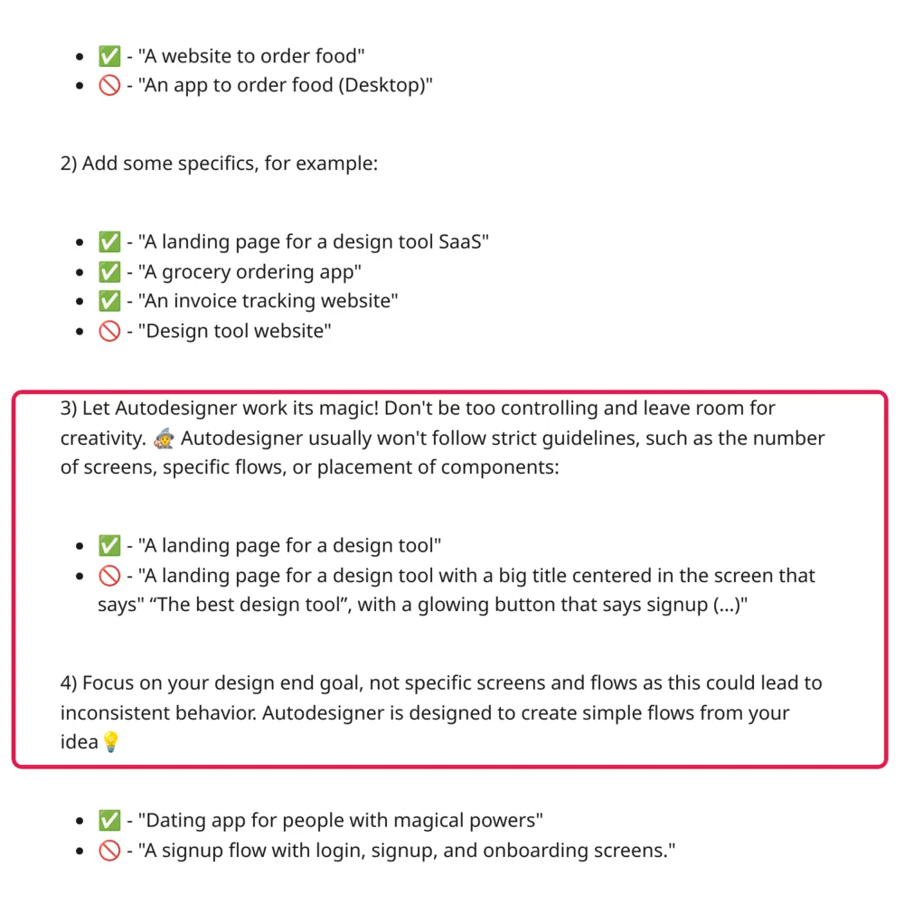 Uizard help text: Autodesigner usually won't follow strict guidelines such as the number of screens or specific flows, and is designed to create simple flows