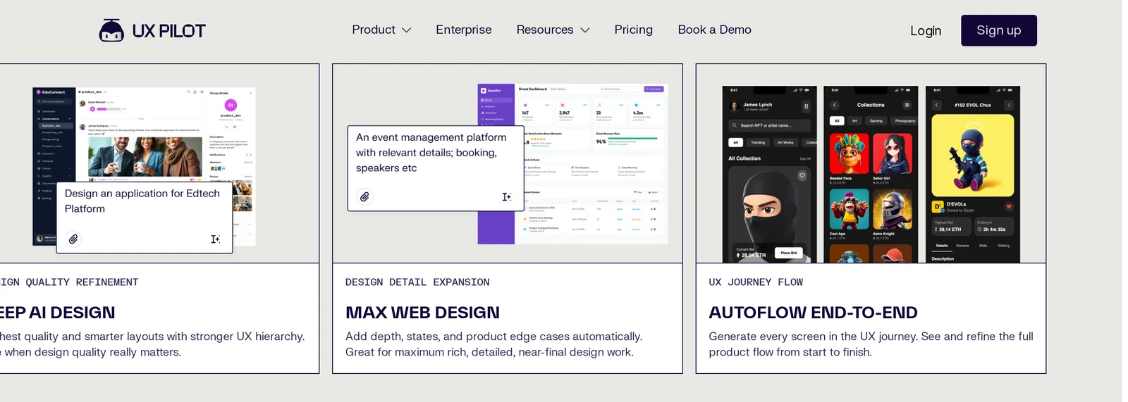 UX Pilot homepage cards for Deep AI design, Max web design (adds states and edge cases) and Autoflow end-to-end (every screen in a UX journey)