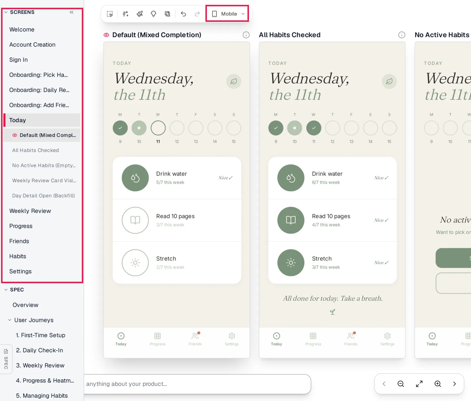 Mowgli editor with the screen list on the left (Welcome, Account Creation, Sign In, three onboarding screens, Today with five states, Weekly Review, Progress, Friends, Habits, Settings), the Mobile device selector, and Today screen states on the canvas