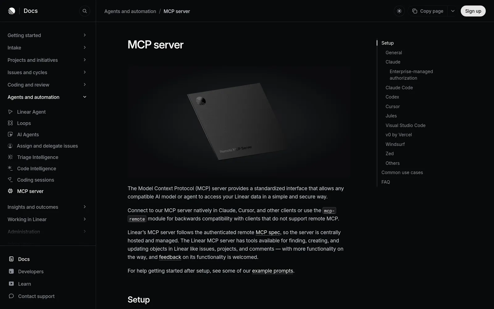 Linear documentation page titled MCP server with a short intro on connecting AI models and agents to Linear data