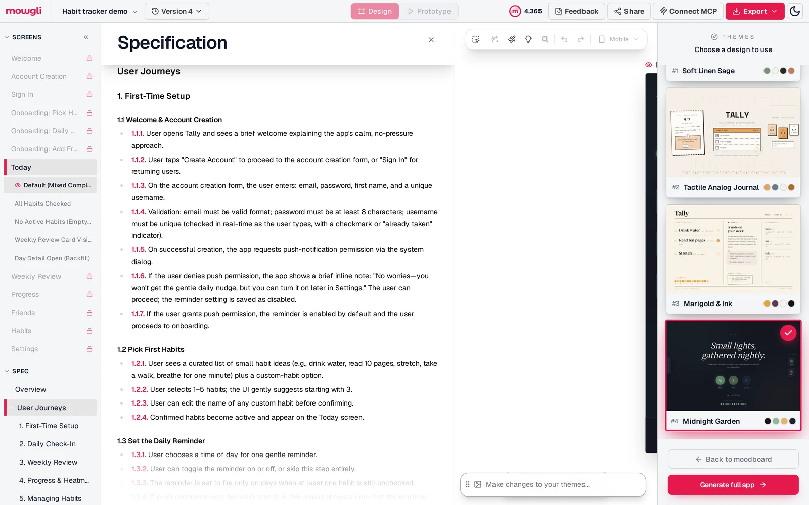Mowgli Specification panel for the Tally habit tracker showing numbered User Journeys steps for first-time setup, with the screens list on the left including Today and its states