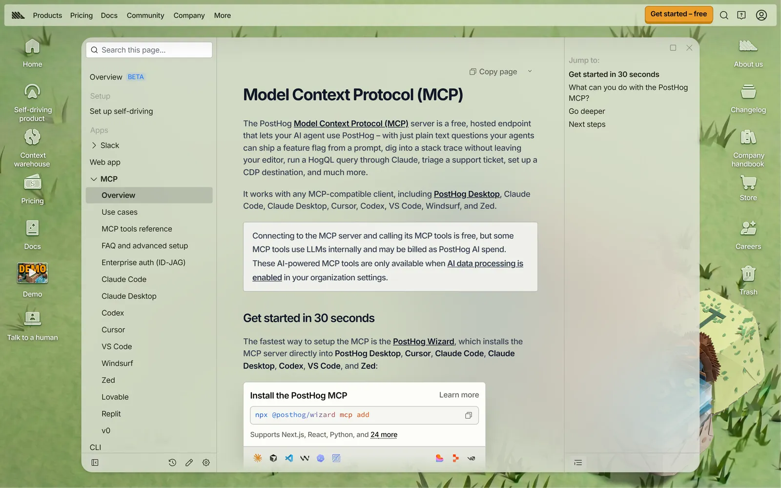 PostHog docs page titled Model Context Protocol (MCP) describing a free hosted endpoint for AI agents