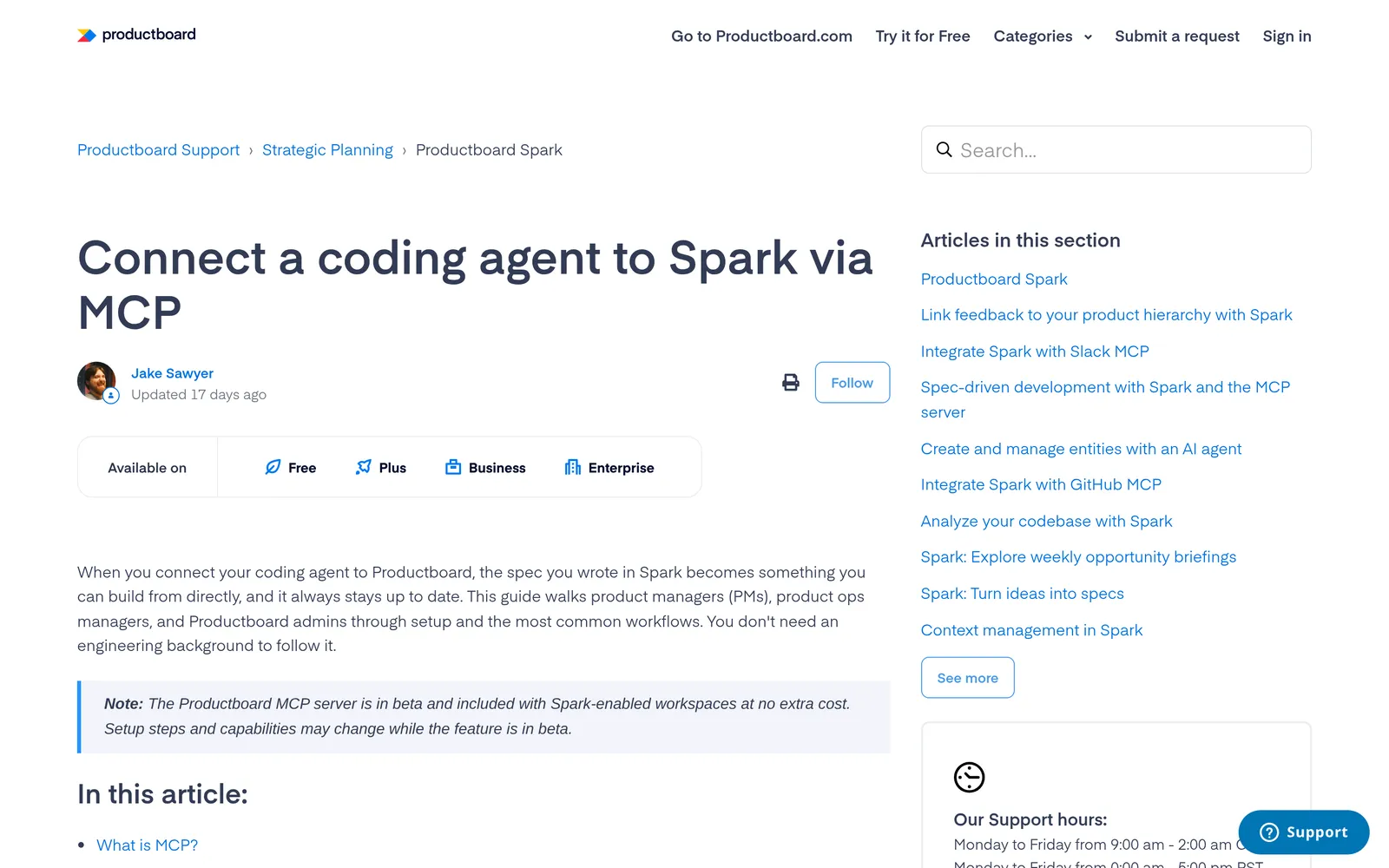 Productboard help center article titled Connect a coding agent to Spark via MCP