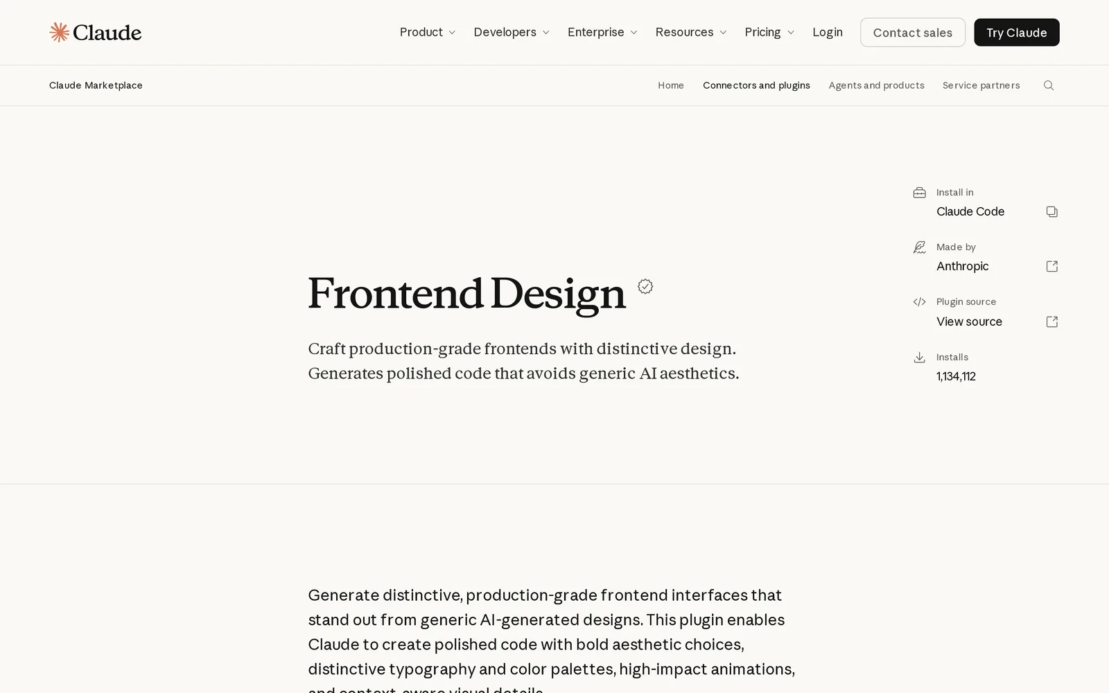 Claude Marketplace page for Anthropic's Frontend Design plugin for Claude Code, showing 1,134,112 installs