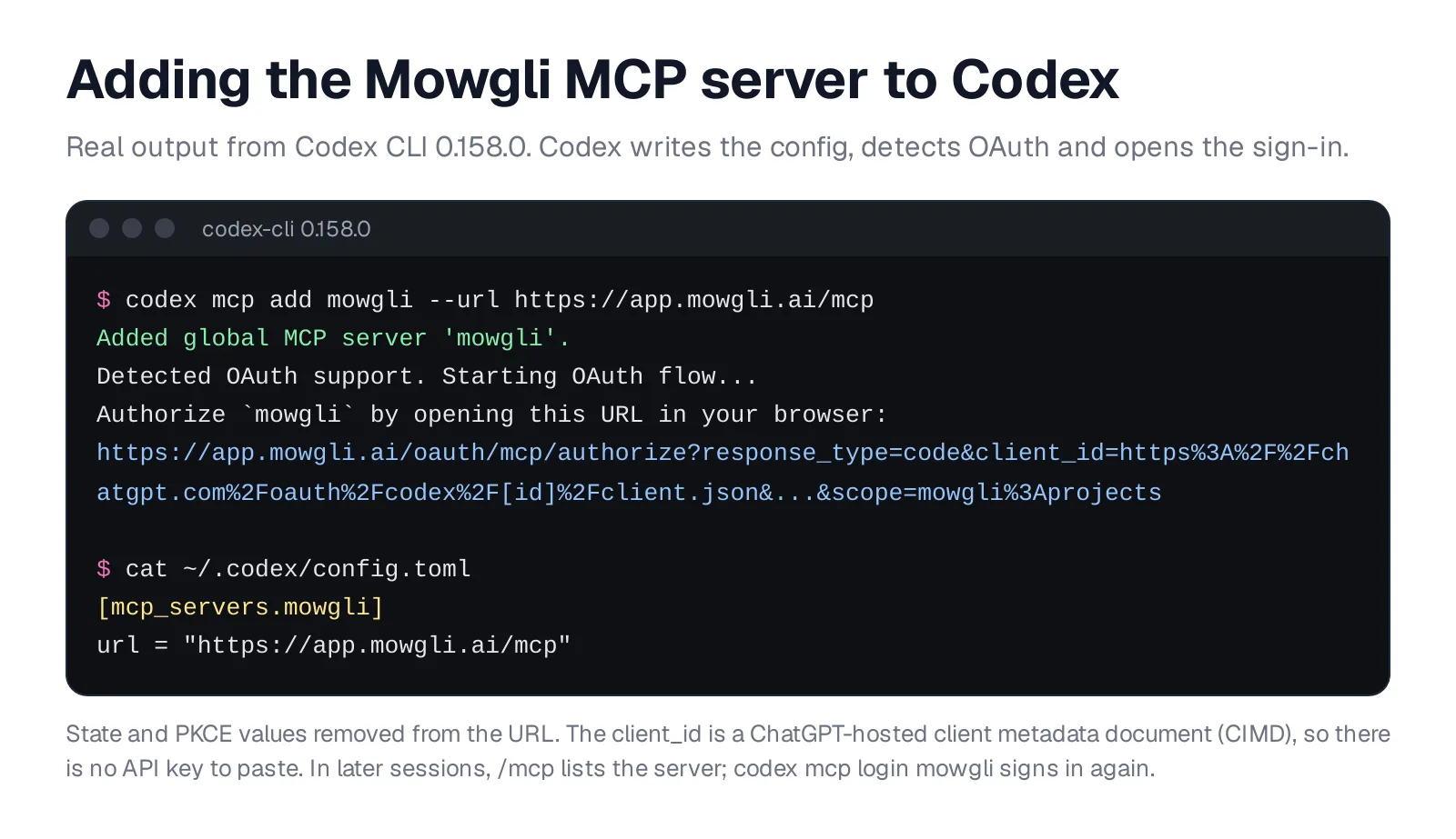 Terminal output of codex mcp add mowgli detecting OAuth, and the resulting config.toml entry