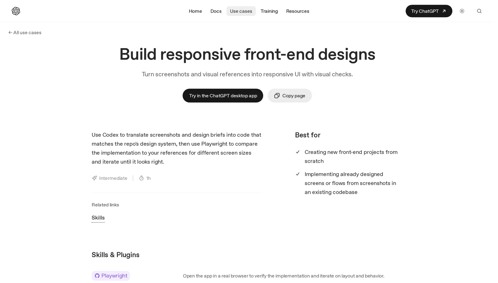 OpenAI Codex use case page Build responsive front-end designs, listing the Playwright skill