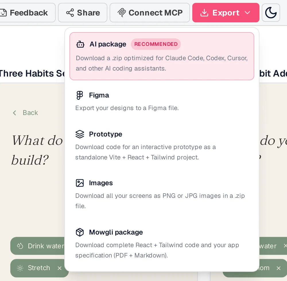 Mowgli Export menu listing AI package (recommended), Figma, Prototype, Images and Mowgli package, next to the Connect MCP button