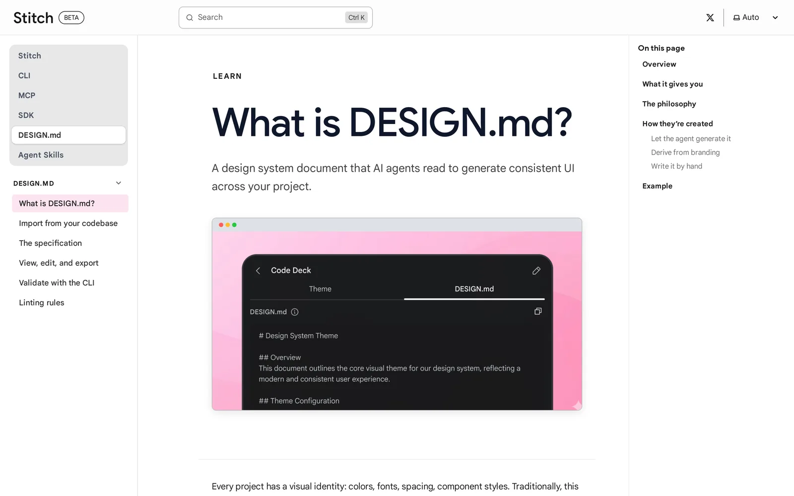 Google Stitch documentation page titled What is DESIGN.md, showing a DESIGN.md tab in the Stitch design system panel