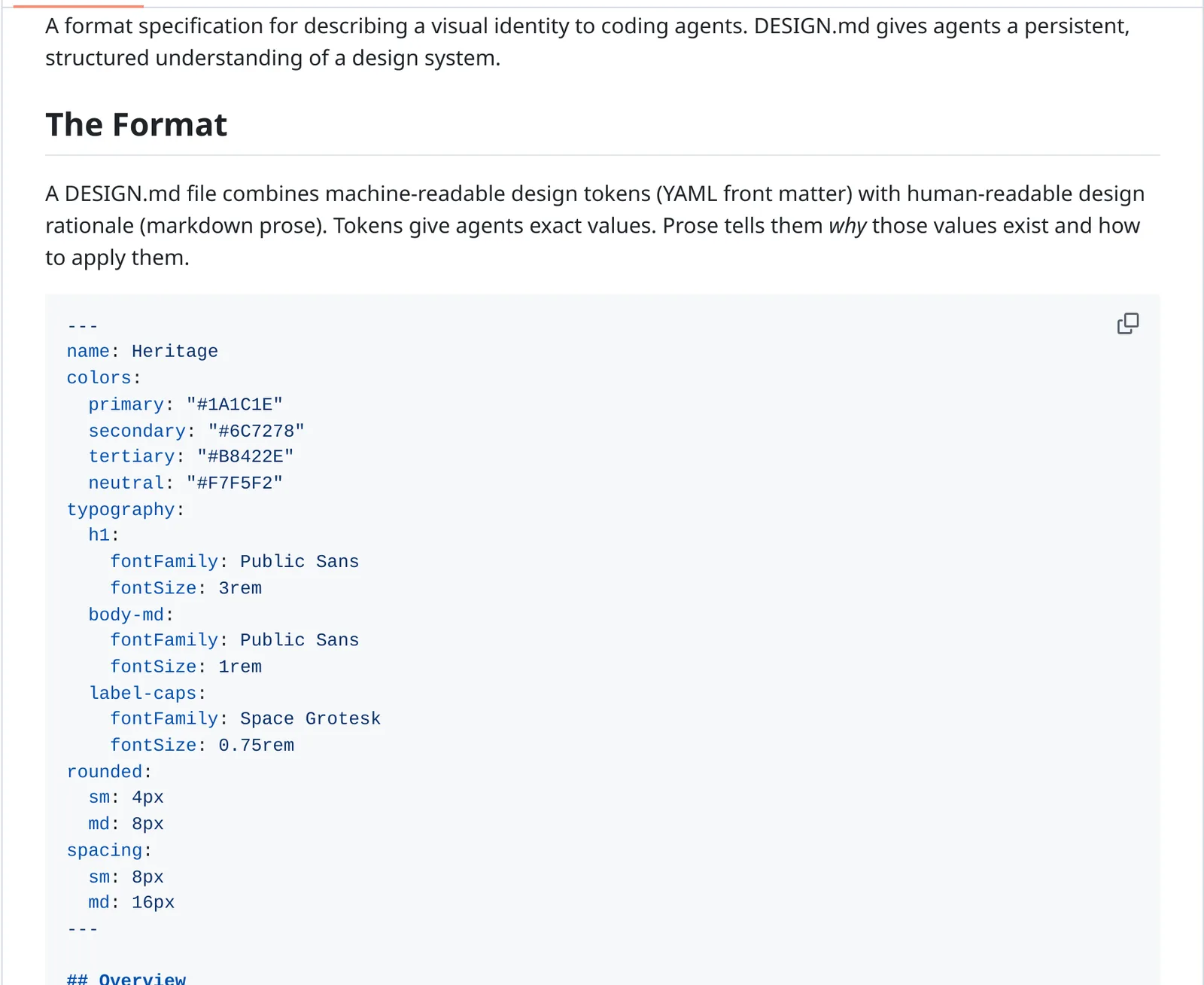 GitHub README of google-labs-code/design.md showing The Format section: YAML front matter with colors, typography, rounded and spacing tokens, followed by an Overview section