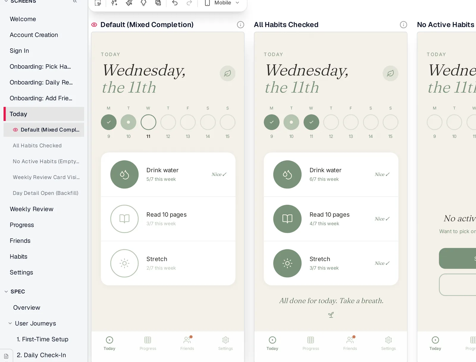 Mowgli editor with a habit tracker's screens, the five states of the Today screen and the spec in the sidebar, two states side by side on the canvas