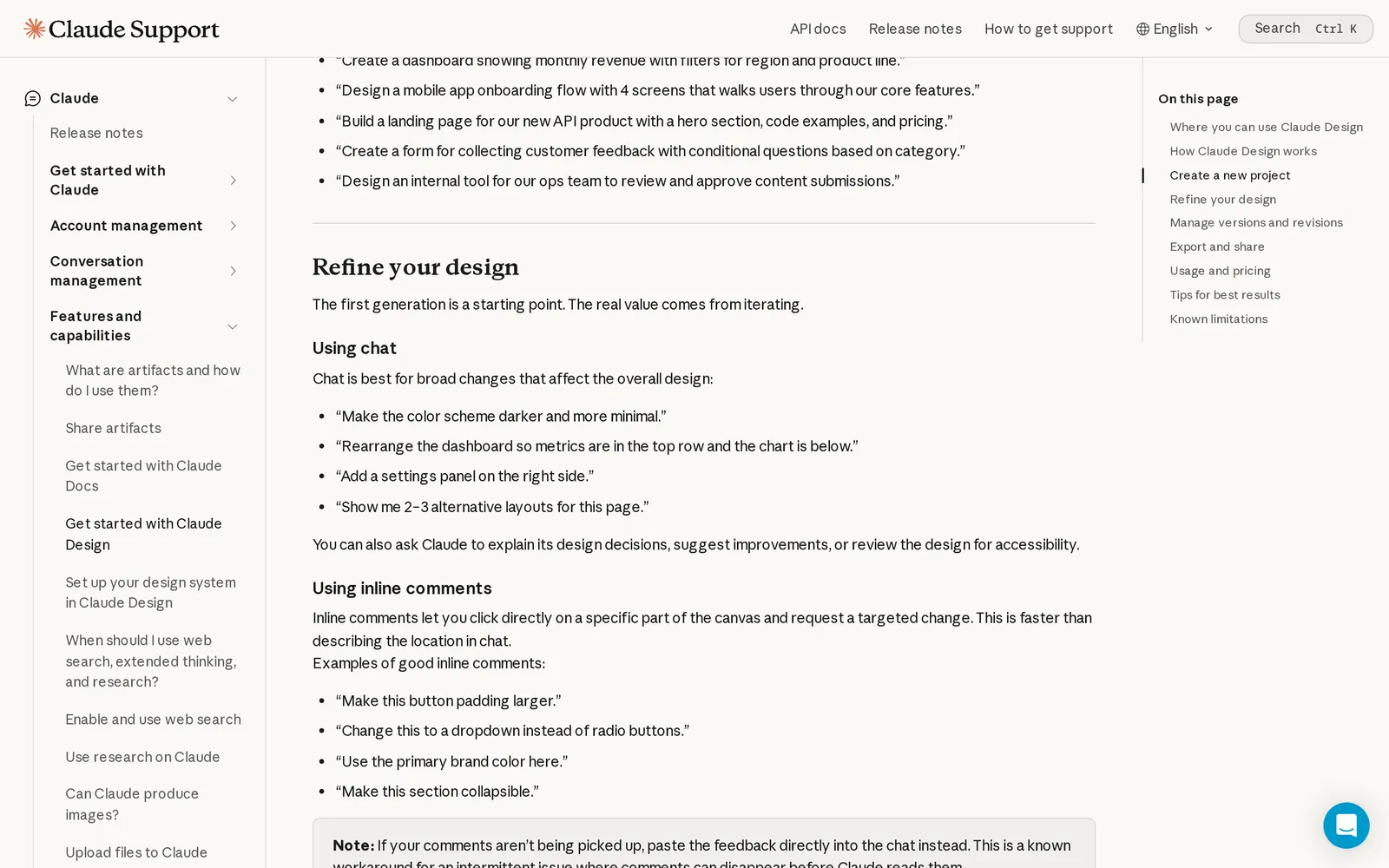 Claude Design help page listing chat prompts and inline comments such as Make this button padding larger