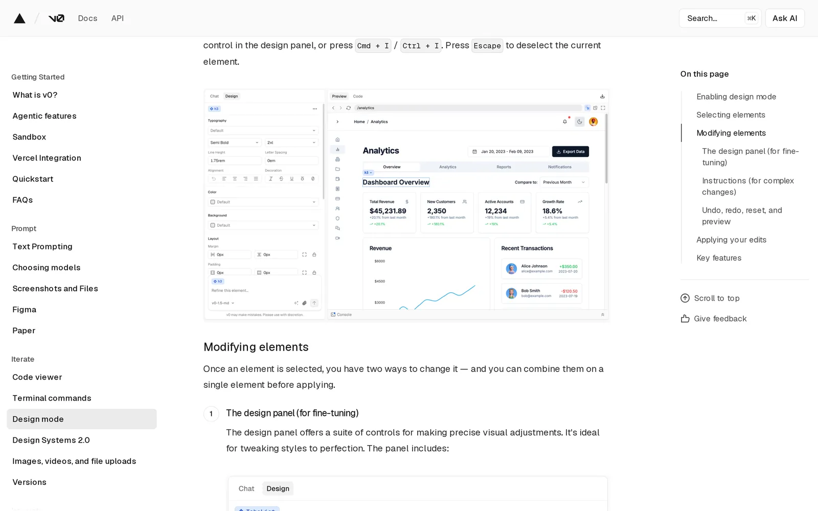 v0 Design mode docs: design panel beside an analytics dashboard preview