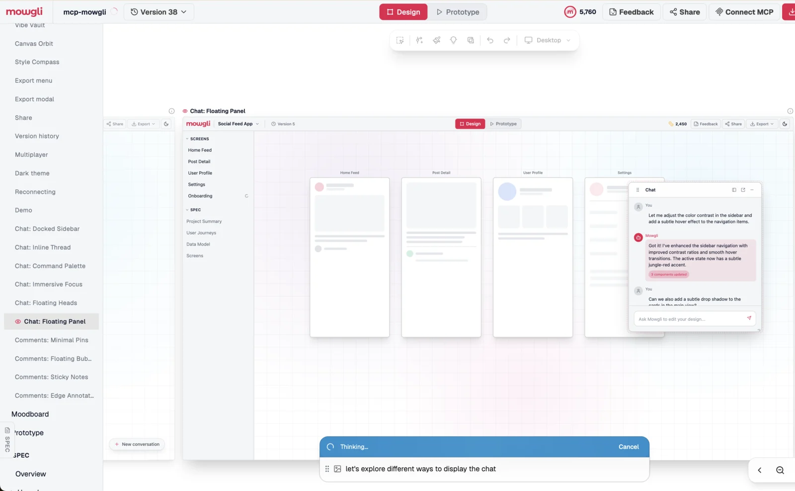 Mowgli canvas with Mowgli's own app imported from its codebase; the left list names variants such as Chat: Docked Sidebar, Chat: Inline Thread, Chat: Command Palette, Chat: Immersive Focus, Chat: Floating Heads and Chat: Floating Panel, the Floating Panel variant is open, and the chat box reads let's explore different ways to display the chat
