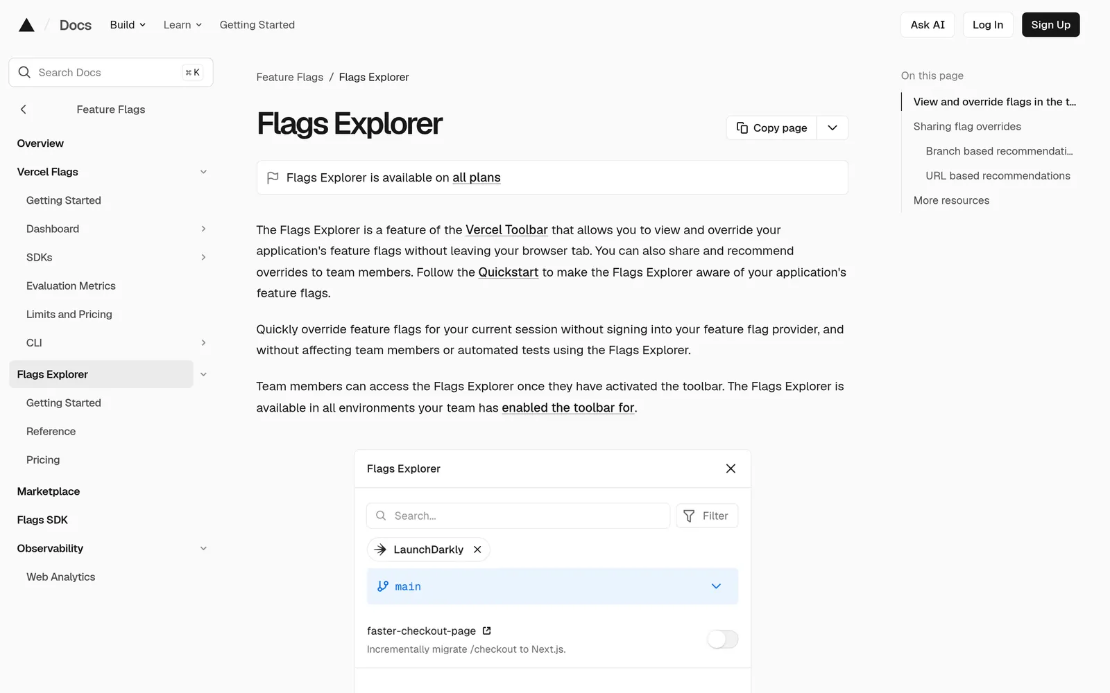 Vercel documentation page headed Flags Explorer, noting it is available on all plans and lets you view and override feature flags from the Vercel Toolbar