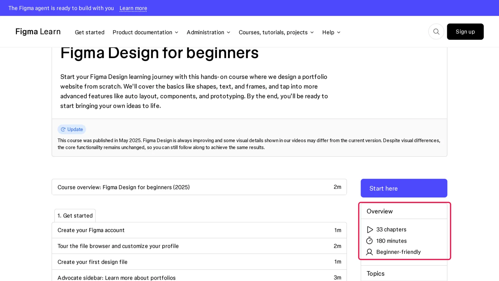 Figma Learn page for the Figma Design for beginners course, with the overview panel boxed: 33 chapters, 180 minutes, beginner-friendly