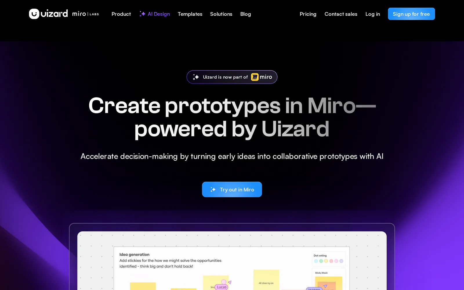 Uizard homepage with a Uizard is now part of Miro badge and the headline Create prototypes in Miro, powered by Uizard