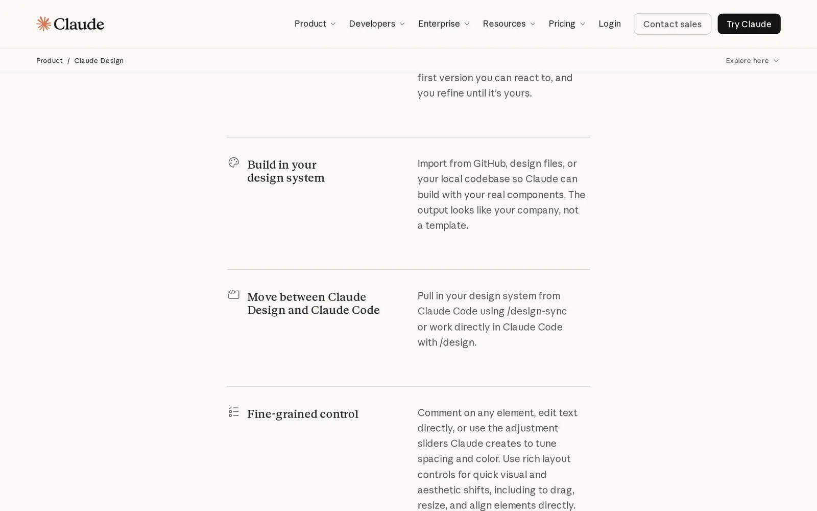 Claude Design product page, How it works section: Build in your design system, Move between Claude Design and Claude Code with /design-sync and /design, and Fine-grained control with comments, direct text edits, sliders and drag, resize and align