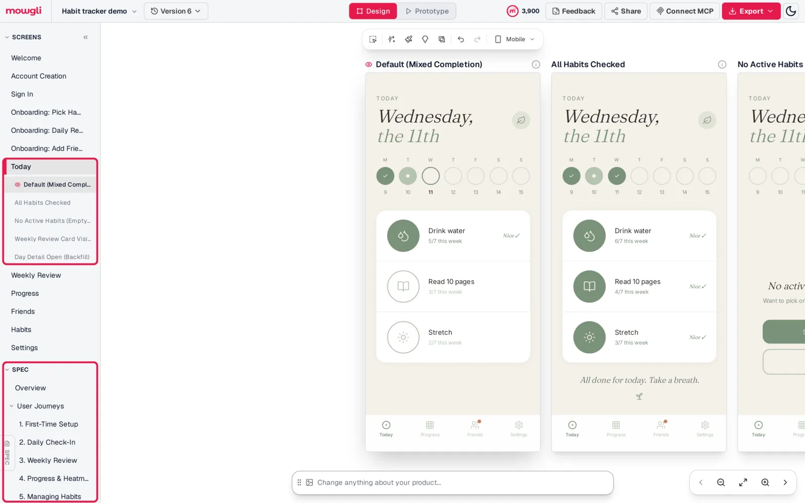Mowgli canvas for a habit tracker app: the sidebar lists every screen, with the Today screen's five states and the spec's user journeys highlighted, and Today states side by side on the canvas